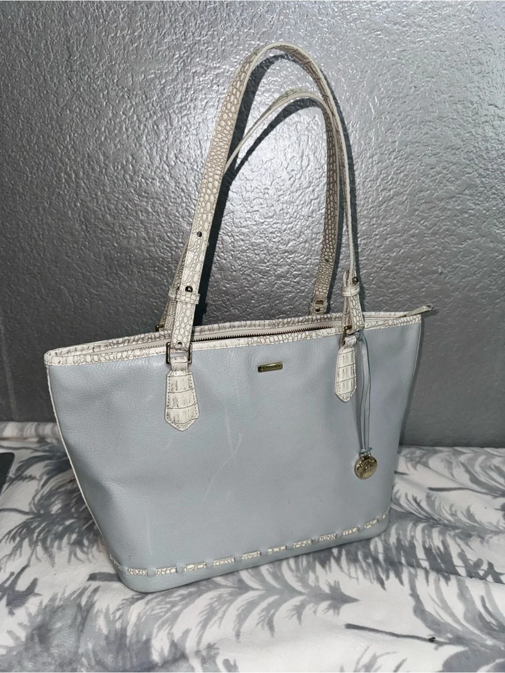 Brahmin Powder Blue Tote with White Croc-Trim